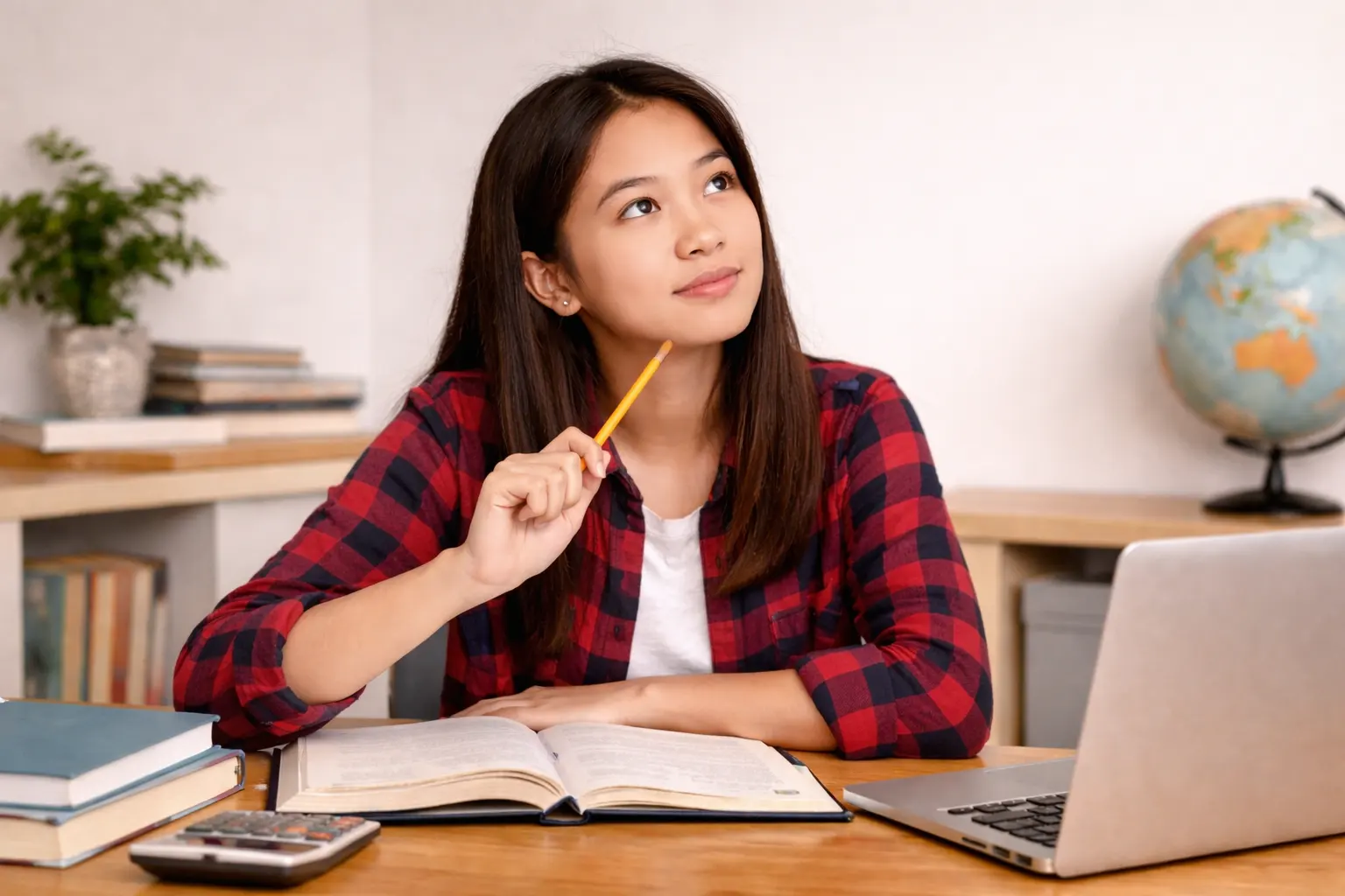 Student smiling while studying physics with notes